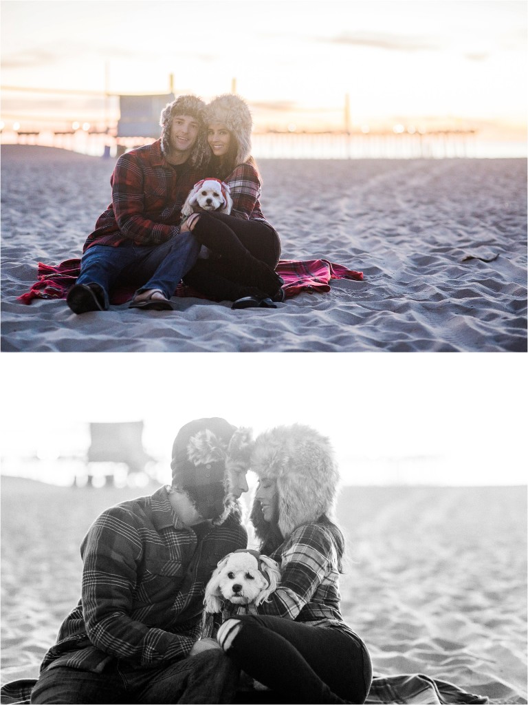 fuzzy hats for engagement photos at beach