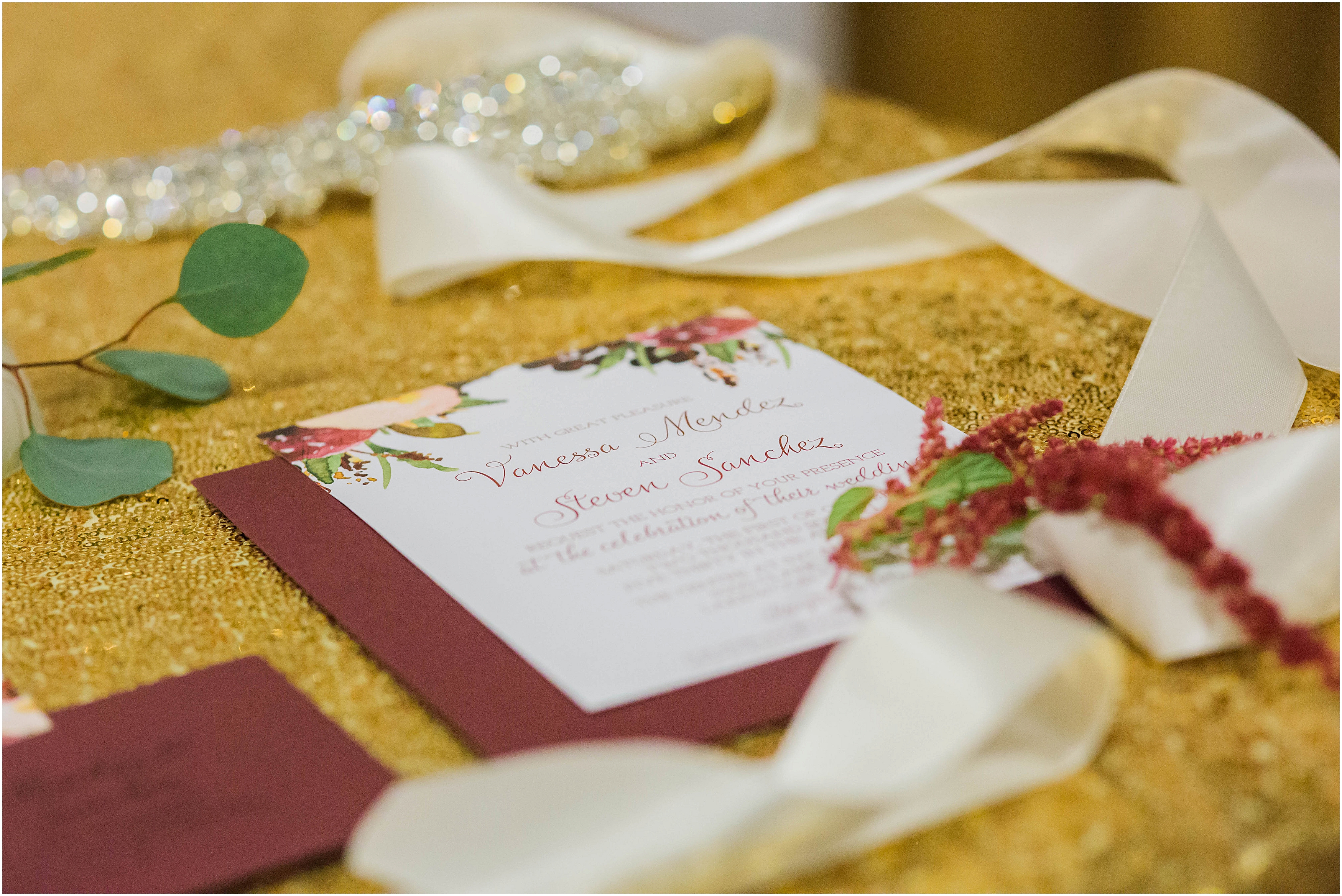 maroon and gold wedding invitation