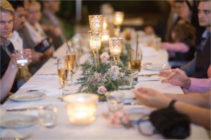 blush and gold long tables for wedding reception