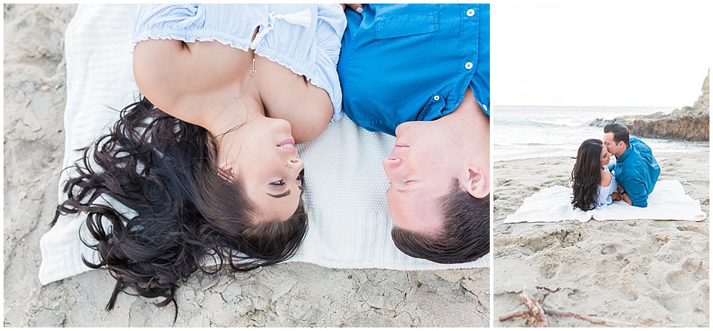 Kissing in the sand during Laguna Beach engagement photos