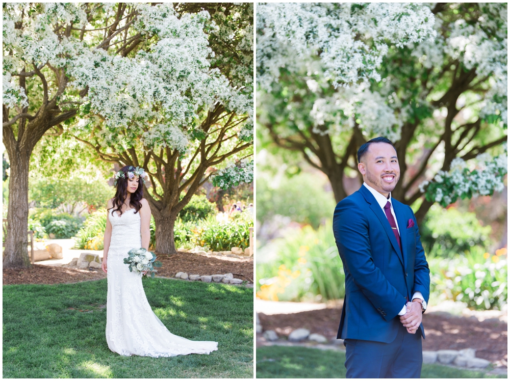 bride and groom portraits at botanical garden