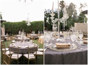 crystal chandeliers and candle holders for a garden wedding