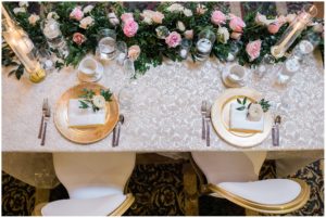 bride and groom head table, white cushion chairs with gold, place settings with blush florals, head table with candles and lace linens, #sanpedrowedding, #coastalwedding, #southerncaliforniawedding, #southerncaliforniaweddingphotographer, #michaelstuscanyroomwedding, #blushandgoldwedding, #mauvewedding, #losangelesweddingideas, #palosverdeswedding, #rainydaywedding, #2019weddingideas, #torranceweddingideas, #bridaldetails, #groomsdetails, #blushweddingdetails, #classicweddingideas