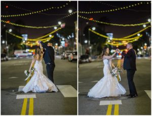 nighttime photography of bride and grrom in the street with bistro lights, #sanpedrowedding, #coastalwedding, #southerncaliforniawedding, #southerncaliforniaweddingphotographer, #michaelstuscanyroomwedding, #blushandgoldwedding, #mauvewedding, #losangelesweddingideas, #palosverdeswedding, #rainydaywedding, #2019weddingideas, #torranceweddingideas, #bridaldetails, #groomsdetails, #blushweddingdetails, #classicweddingideas
