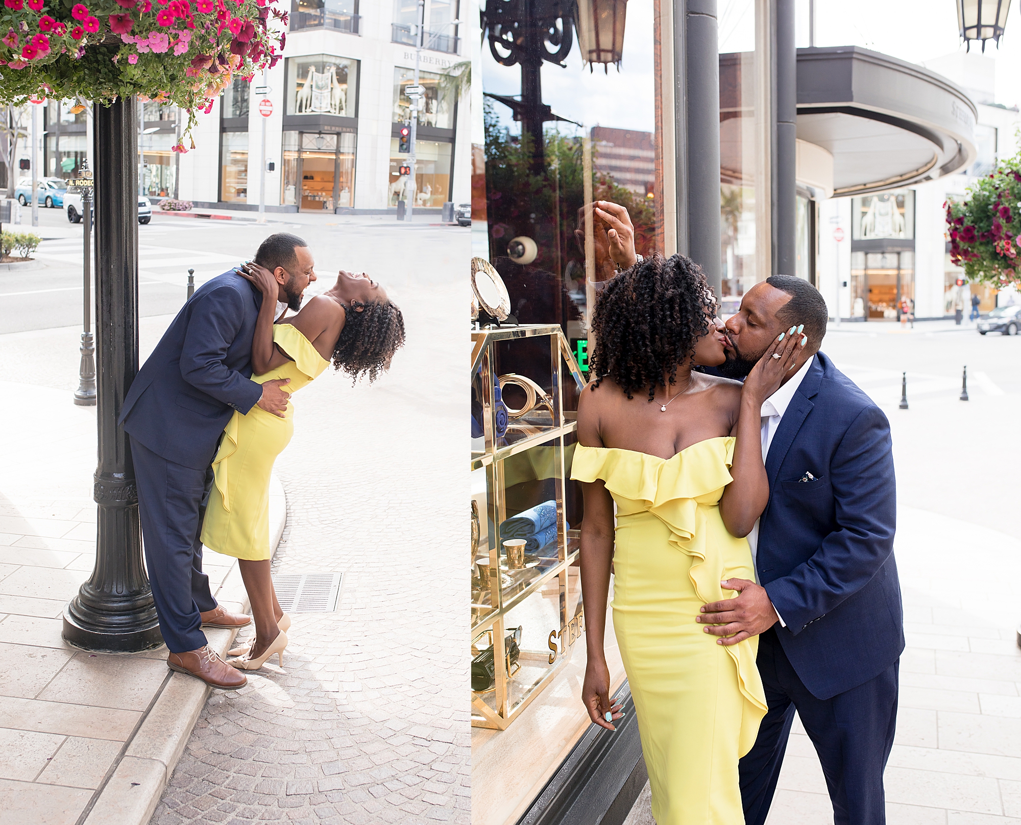 couple laughing and kissing on rodeo drive in yellow dress and blue suit