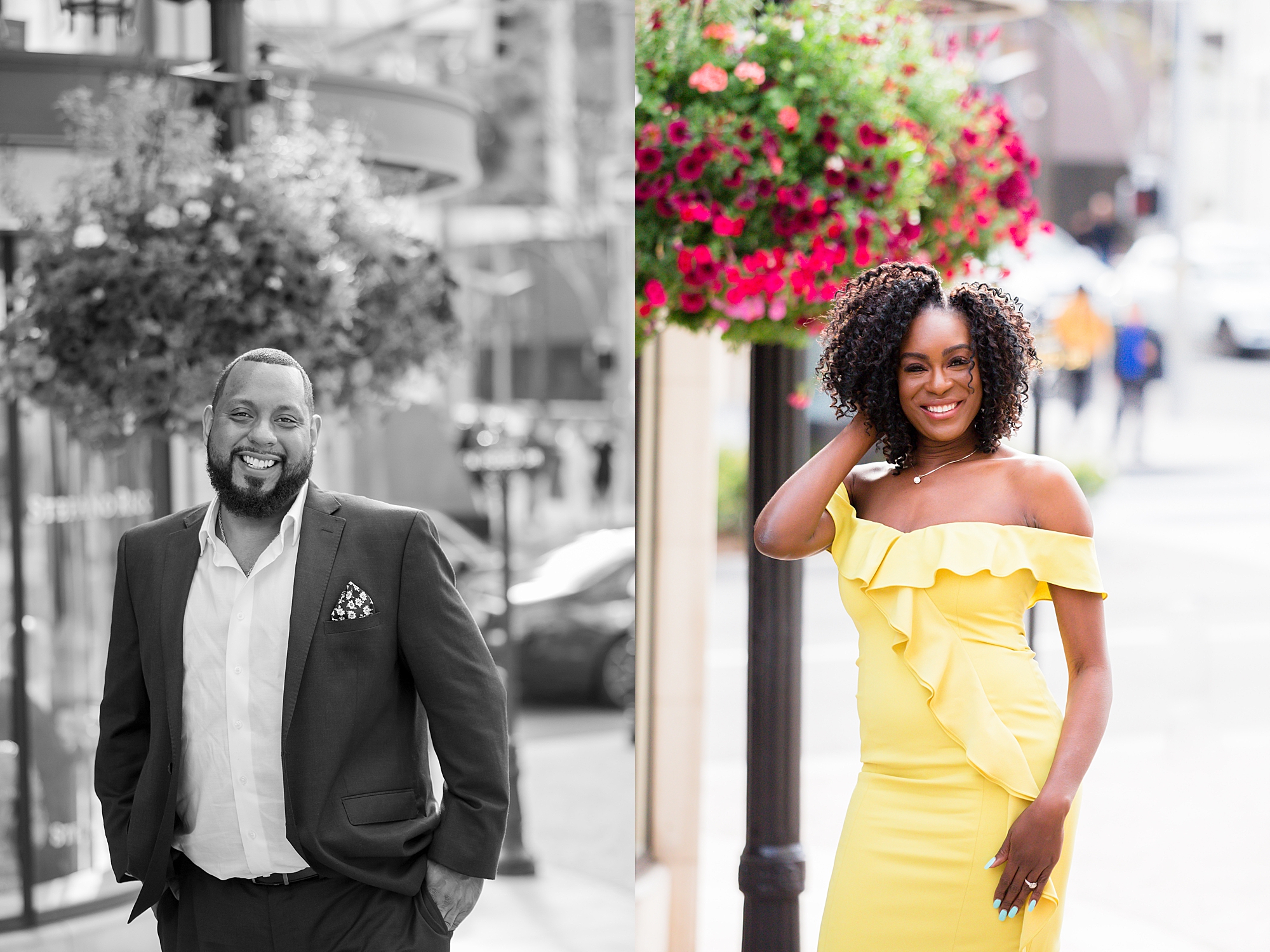 Beverly Hills engagement photos on Rodeo Drive girl wearing yellow dress and guy wearing blue