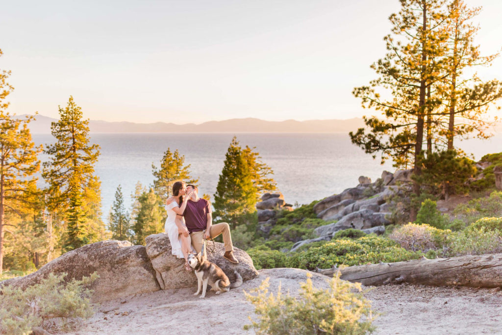 Golden hour portraits of couple at lake tahoe