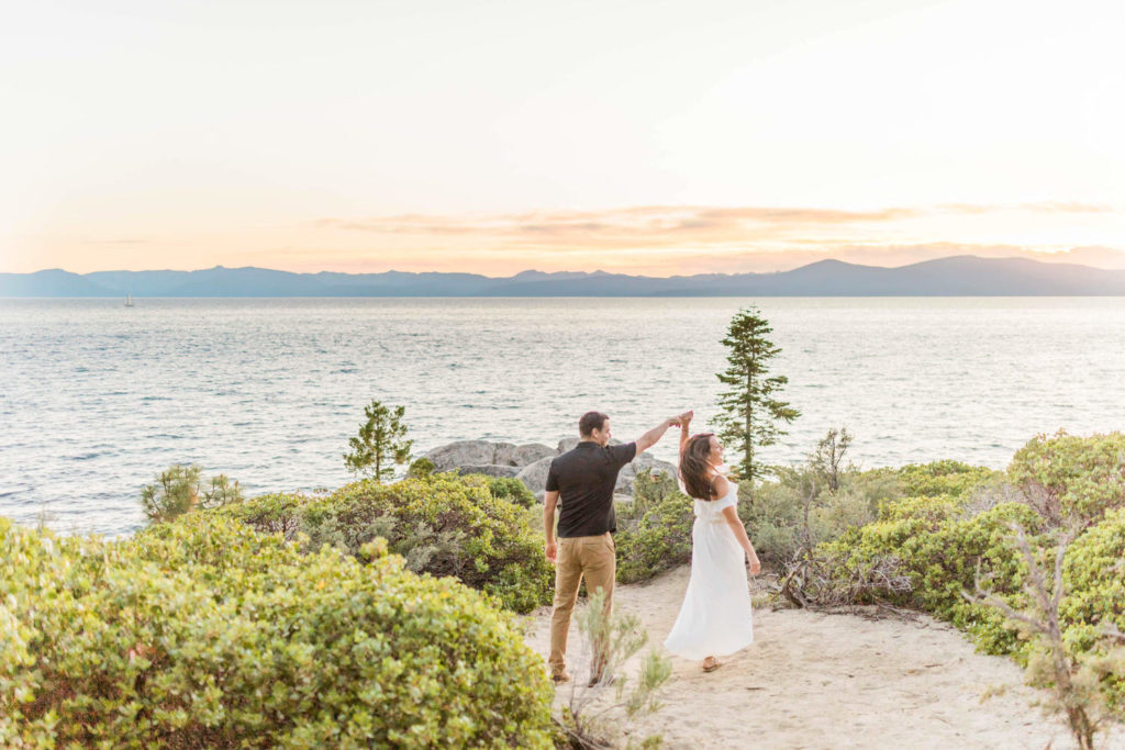 lake tahoe engagement photos twirling