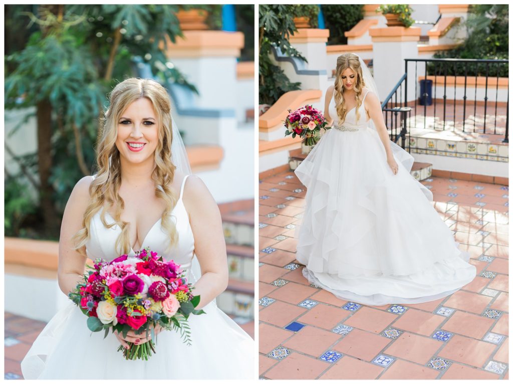 bridal photos with pink bouquet