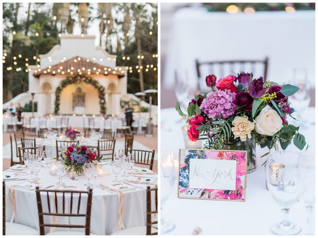 reception space with twinkle lights and pops of pink florals