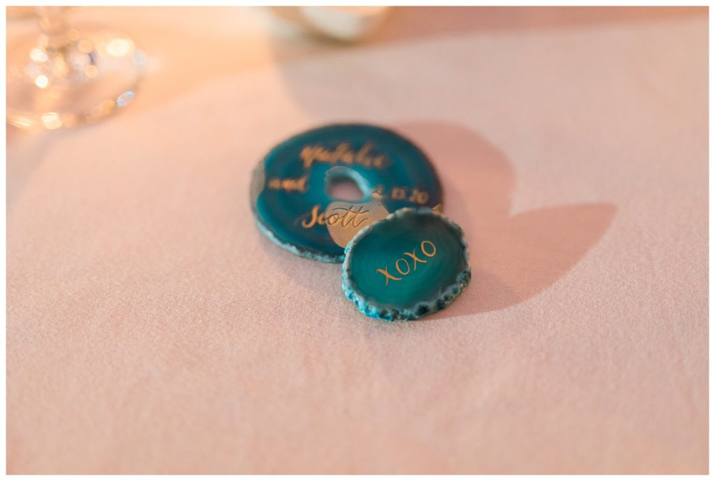 emerald placards with gold calligraphy for wedding