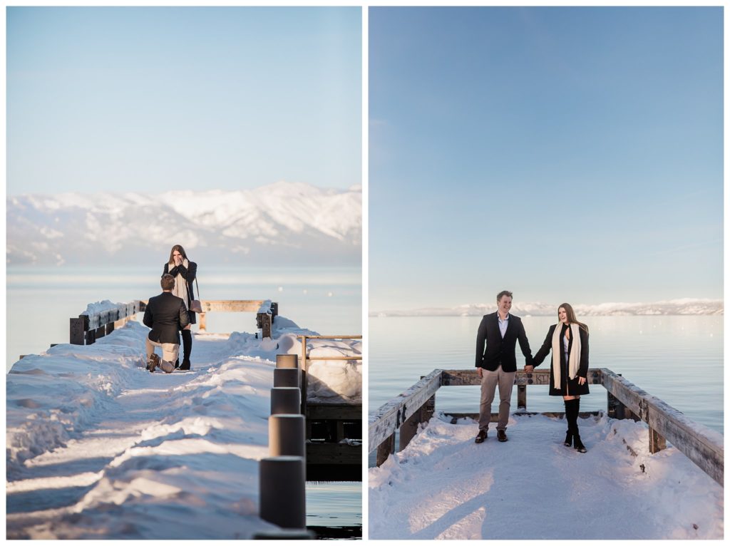 man proposing to woman on pier