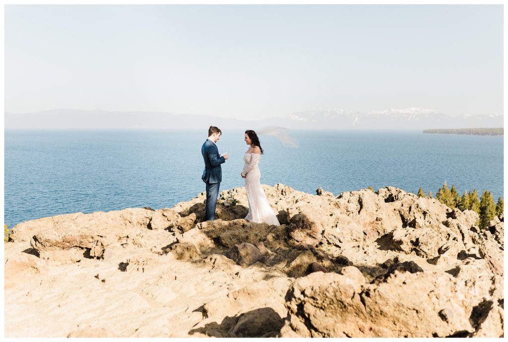 couple saying vows on lake tahoe mountain