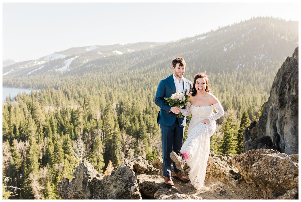 bride showing off her hiking boots