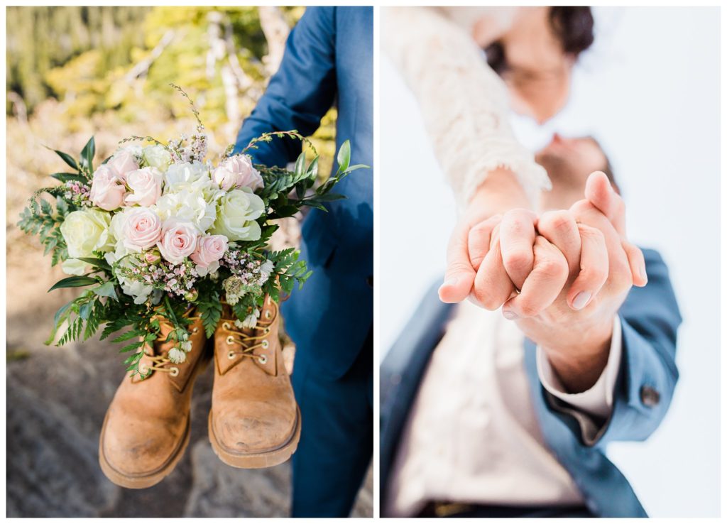 hiking boots and wedding bouquet
