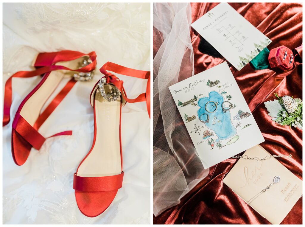 handcrafted lake tahoe wedding invitation and brides red shoes