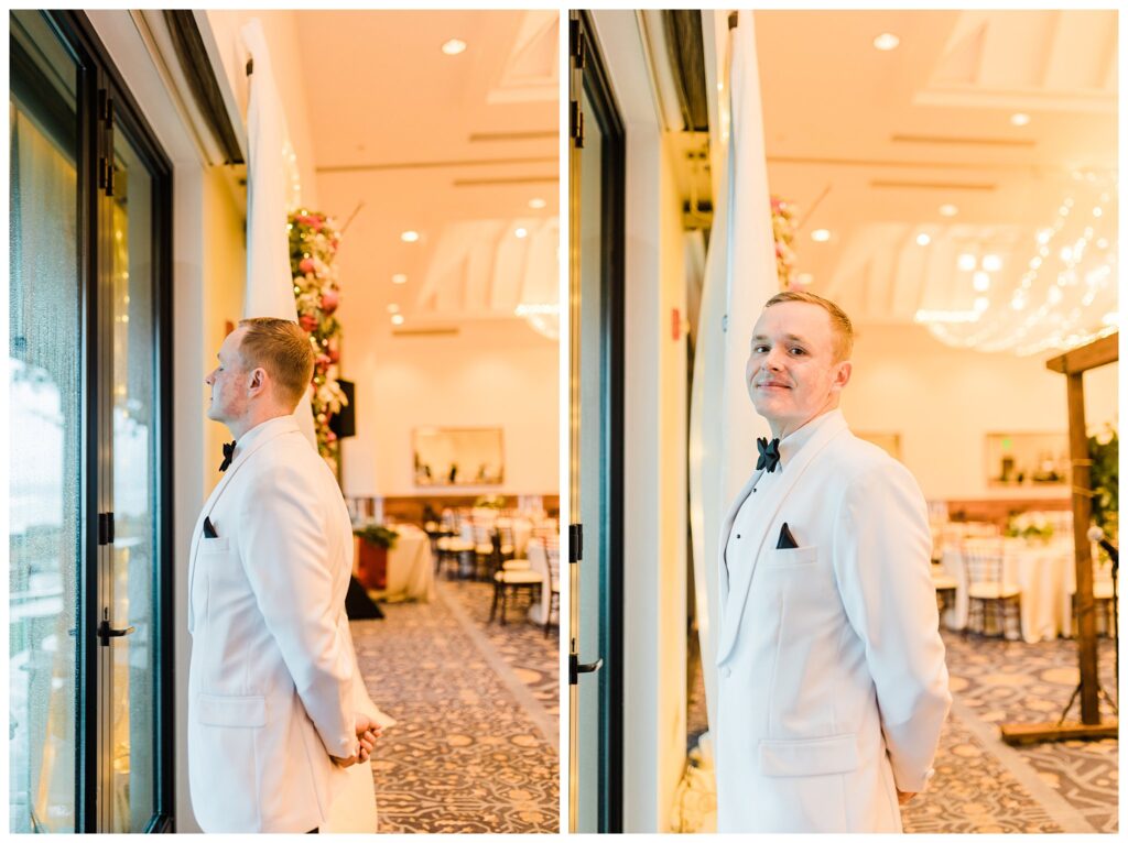 groom posing in white suite for winter wedding in lake tahoe