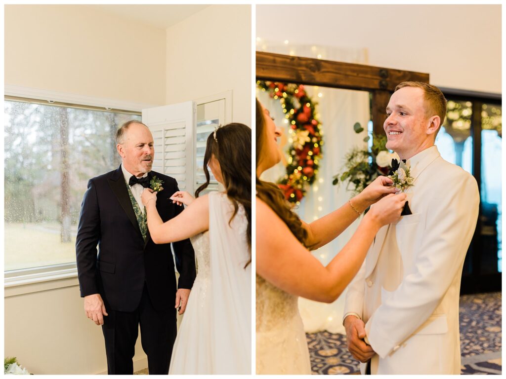 bride putting the boutonniere on her dad and the groom