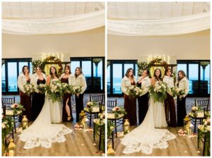wedding party poses in front of altar at the hyatt incline village hotel lake tahoe