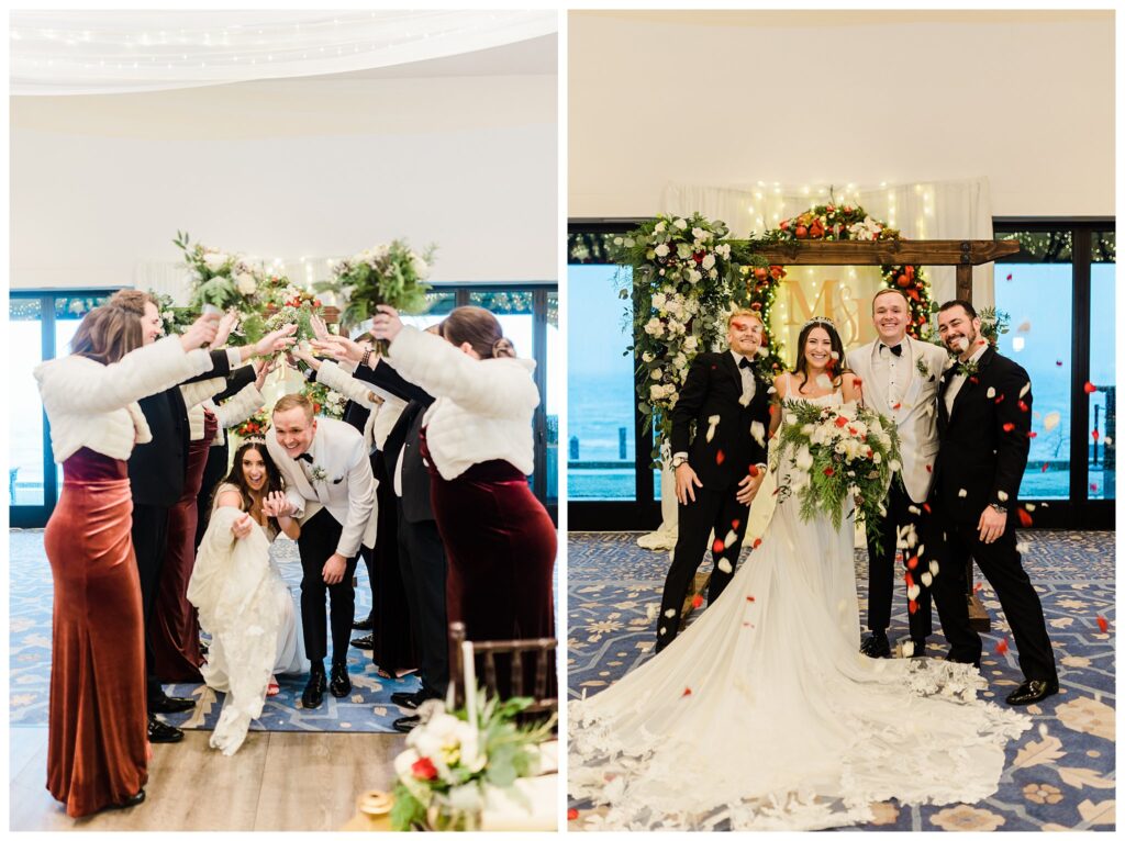 bridesmaids and groomsman make a tunnel for the couple to go through for celebration