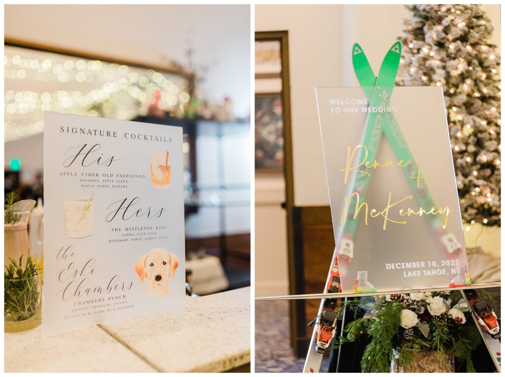 ski signage for lake tahoe wedding and pet themed drinks for wedding