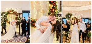 bride and groom first kiss during indoor winter ceremony at the lake tahoe hyatt near incline village