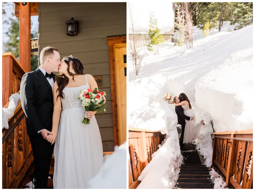 bride and groom kissing on the stairs at lake tahoe cabin