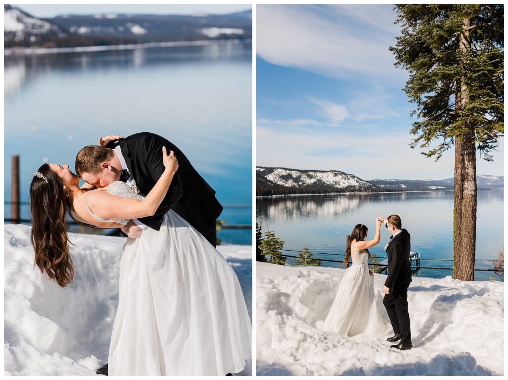 couple dancing and kissing in the snow by lake tahoe
