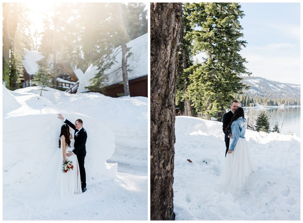 lake tahoe wedding couple kissing in the snow by the lake