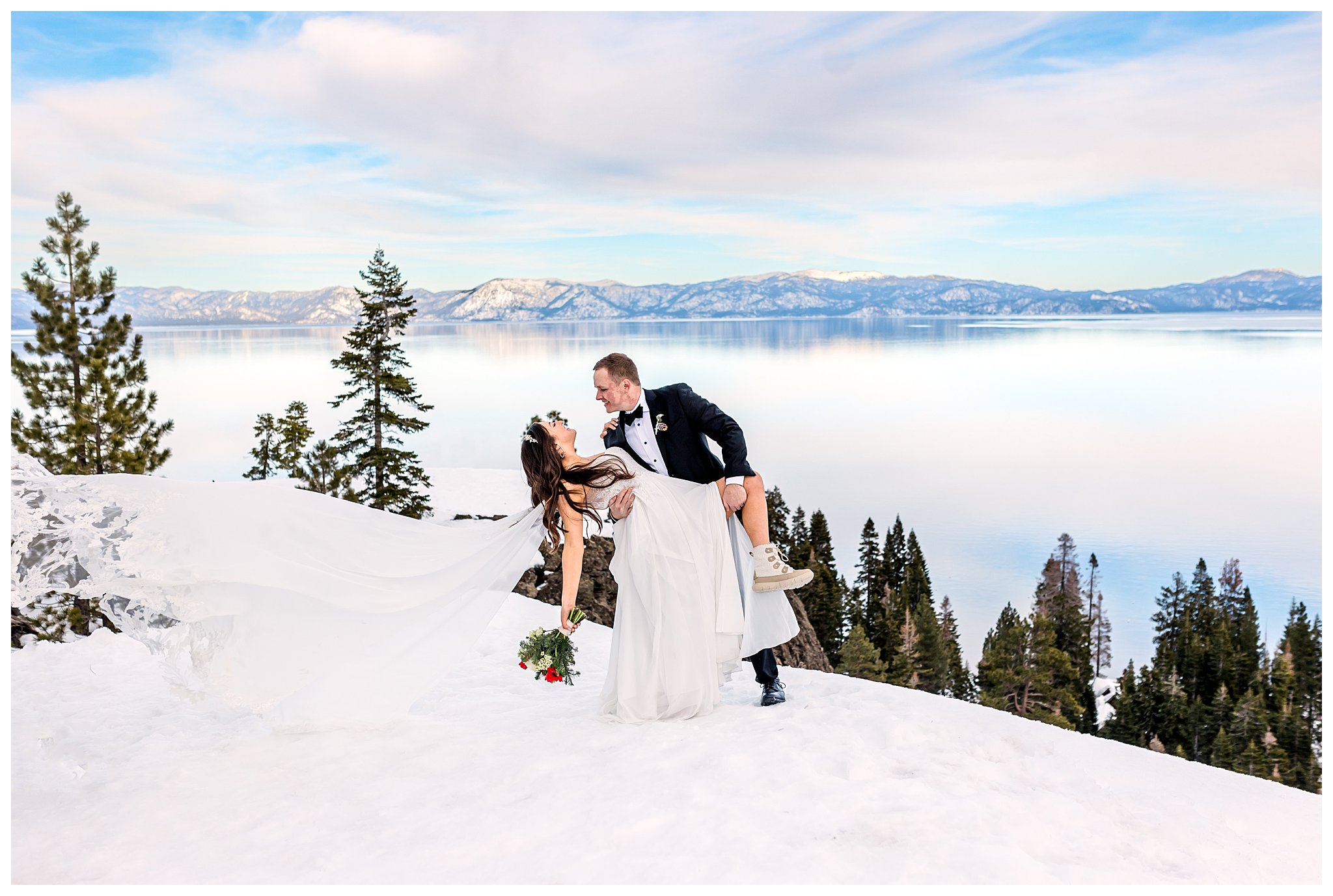 wedding couple dipping for photo in the snow at lake tahoe