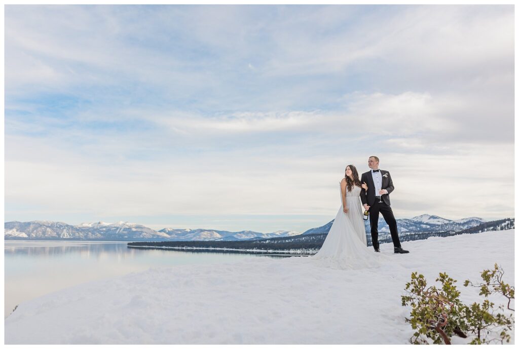 wedding couple looking into the distance over lake tahoe