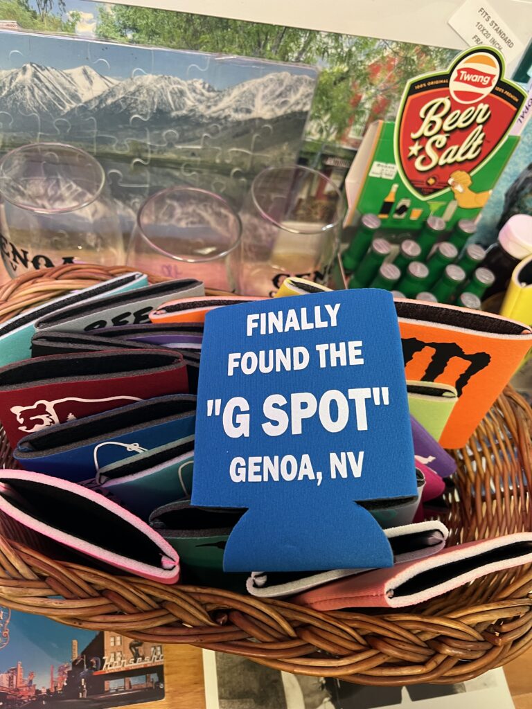 A basket of colorful can coolers, one boldly stating: "Finally found the 'G Spot' Genoa, NV," makes an ideal souvenir for those who come to discover Lake Tahoe's hidden gems and explore its many adventures.