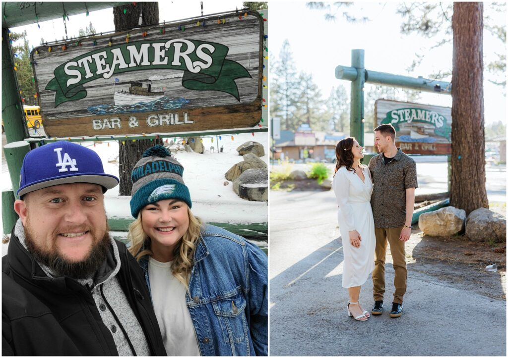 Two images showcase a couple in front of the "Steamers Bar & Grill" sign. Left: dressed in casual winter outfits, snow beneath their feet. Right: elegantly dressed, standing closer on a clear path. Discover Lake Tahoe for more charming moments and unforgettable things to do in this magical setting.