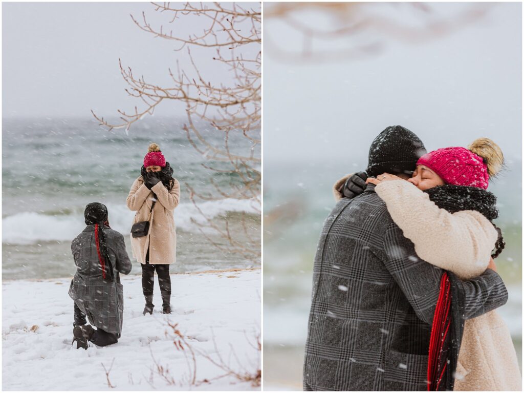 A person on one knee proposes in the snow, while another stands with hands over mouth. In the second image, they embrace near a snowy shoreline.