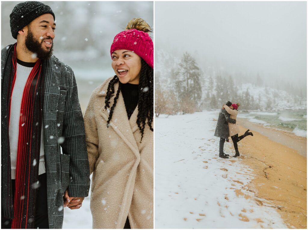 Couple in warm clothes walking in snow, smiling; second image shows them embracing by a snowy, sandy lakeshore.