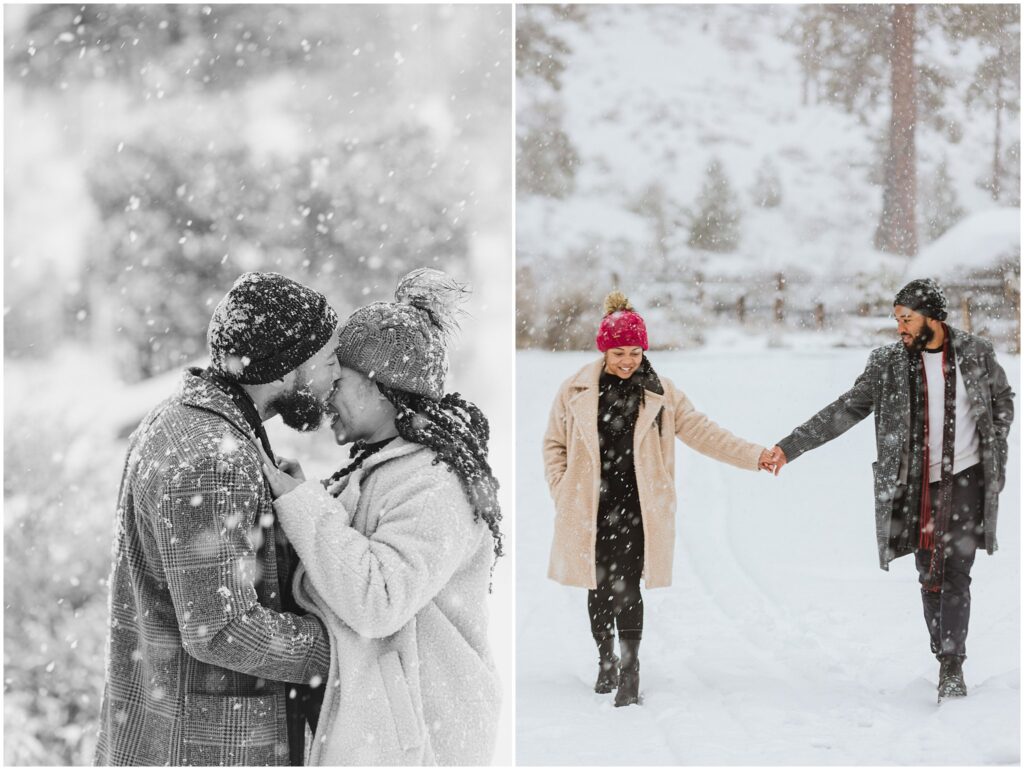 Two images: Left shows a couple in winter clothing, touching foreheads in the snow; Right shows them walking hand in hand, smiling, in a snowy landscape.