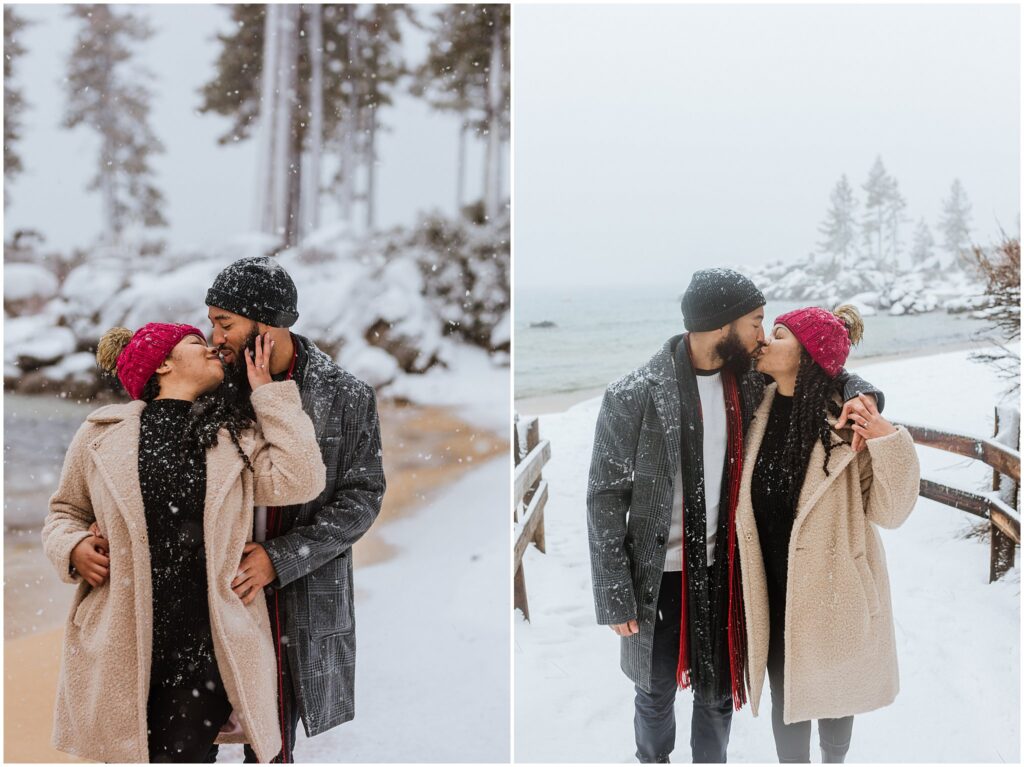 A couple stands together in a snowy outdoor setting, both wearing winter coats and beanies.