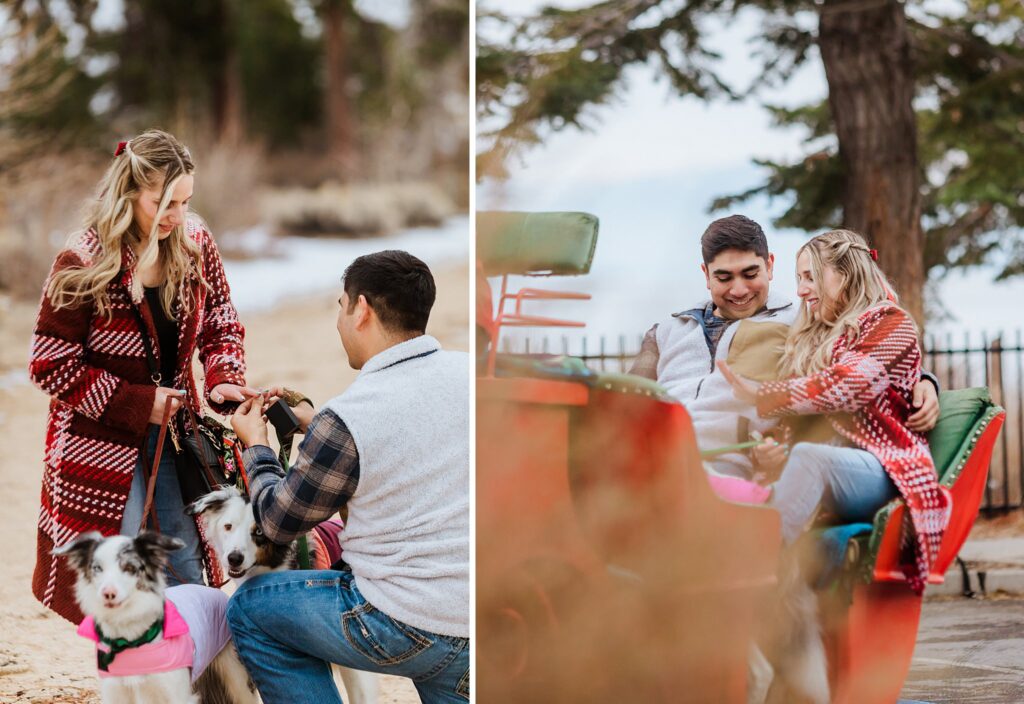 A couple enjoys special moments with their dogs outdoors; in one image, they pet the dogs, and in the other, they sit together in a horse-drawn carriage during a magical Lake Tahoe Winter Proposal.